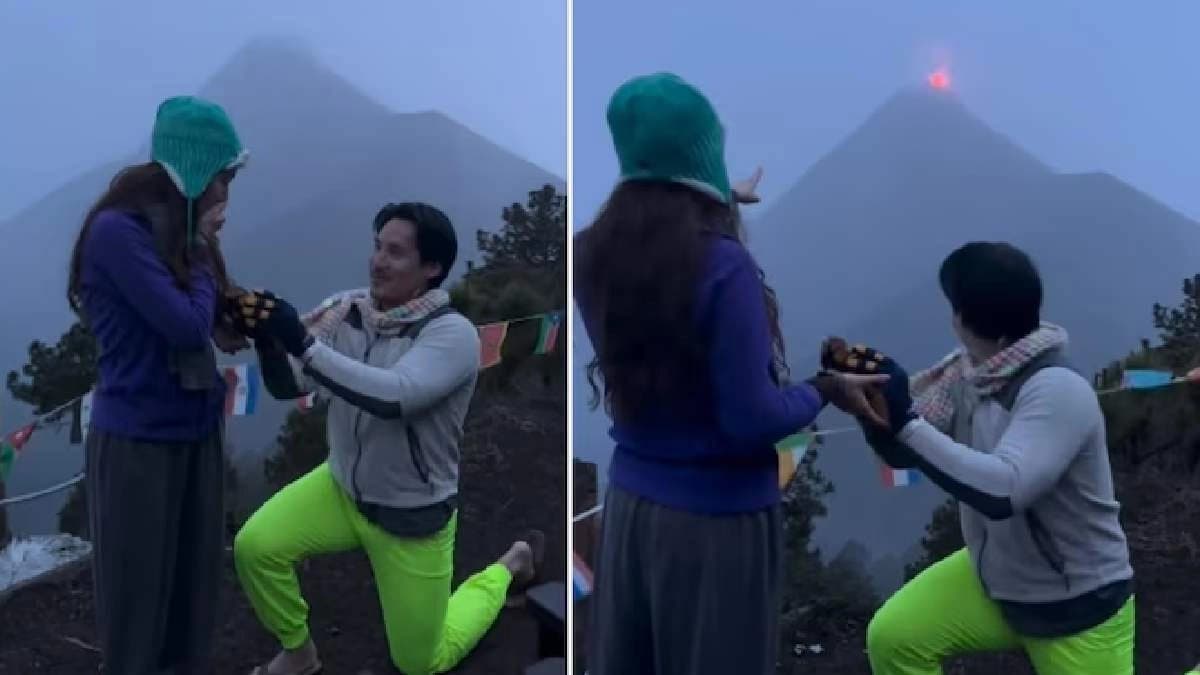 Volcano erupts moments after woman says yes to boyfriend proposal in video