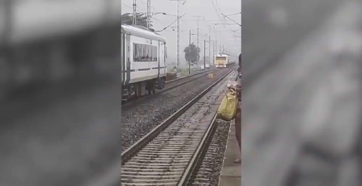 Video goes viral as vande bharat express and barddhaman local get in same line in hooghly district