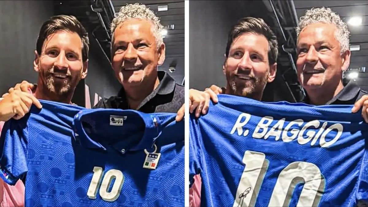 Argentine superstar Lionel Messi is happy as Italian legend Roberto Baggio presented a gift 