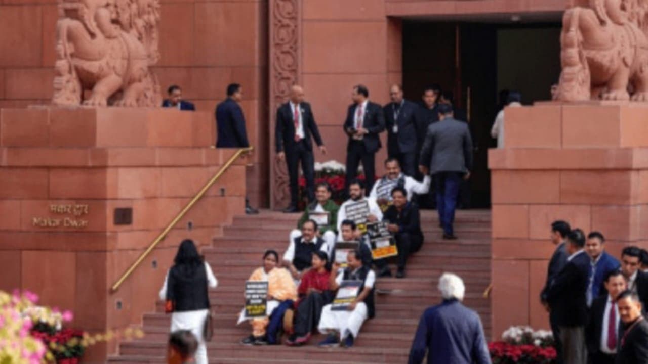 India bloc members protest outside parliament