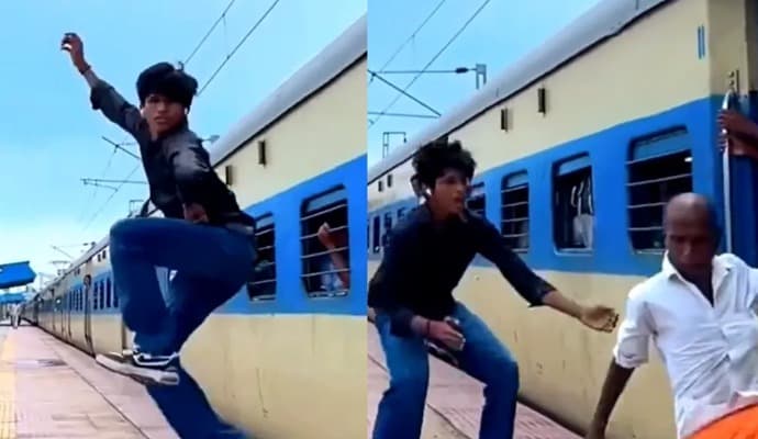 boy making reel on platform saves an elderly person from an accident gnr