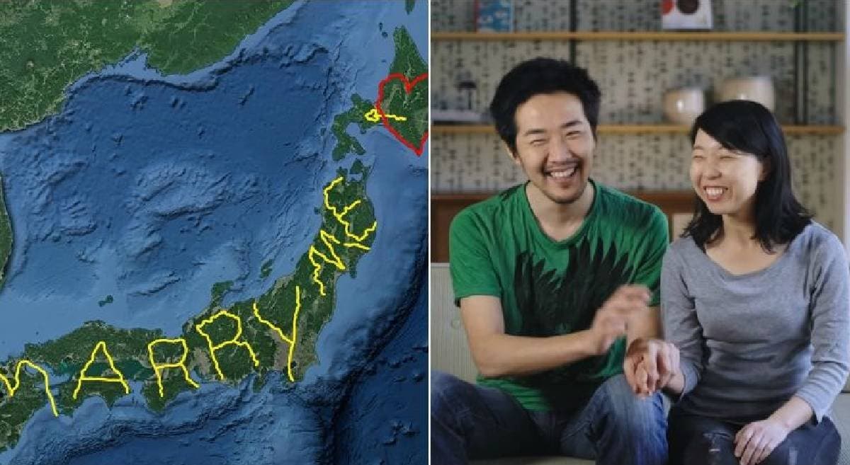 japanese man walked 7163 km to create gps map to propose his girlfriend