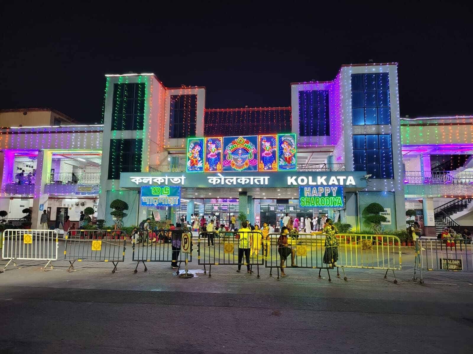 Iconic Kolkata Station is lit up in splendid colours during Durga Puja festival