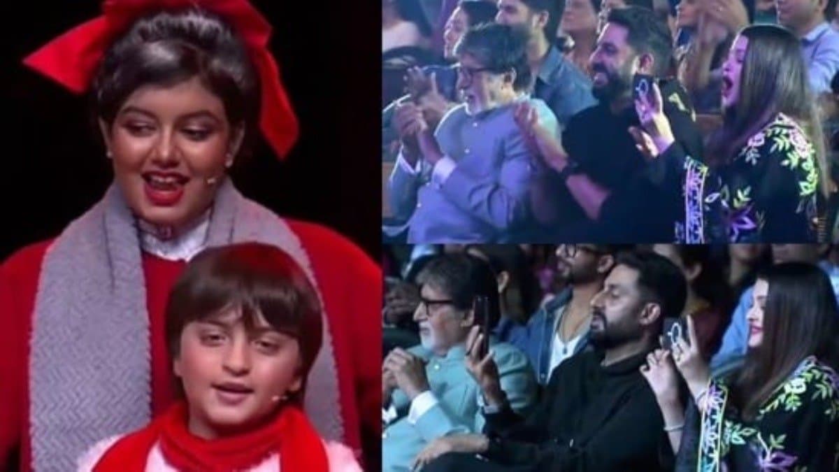  Aishwarya Abhishek and amitabh bachchan was together at annual programme of daughter Aaradhya where she sang christmas song with Shah Rukh Khan s youngest son Abram ent