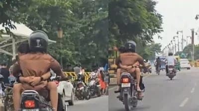 Woman Hugs Lover Rides Pillion Sitting On Fuel Tank