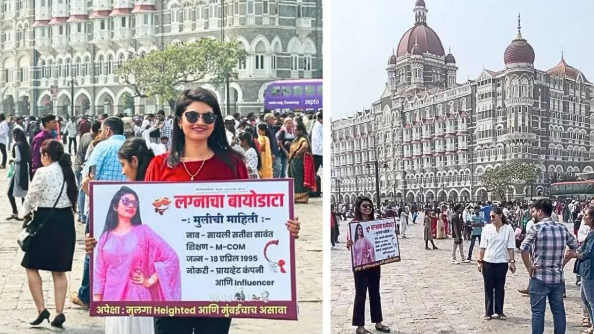 Women In Search Of Groom Stands With Marriage Biodata Near Mumbai’s Taj Hotel gnr