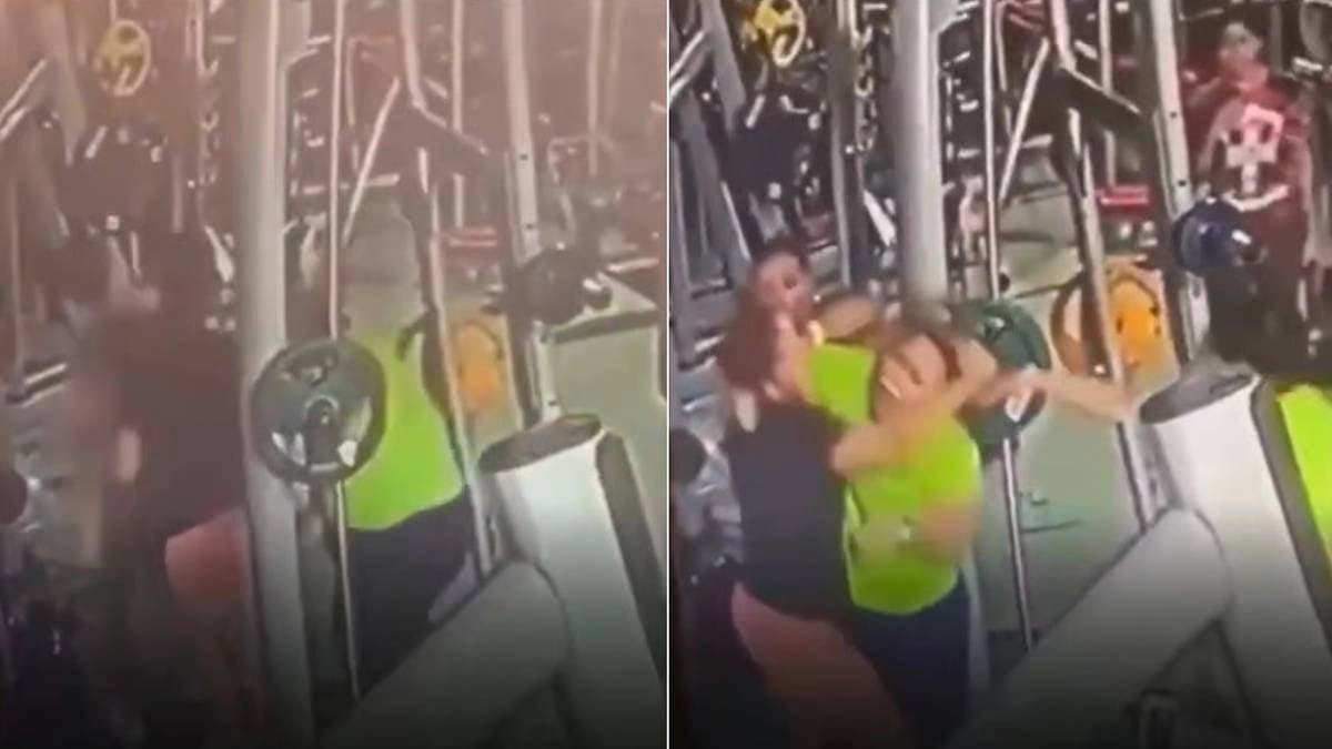 Noida gym: two woman brawling for smith machine