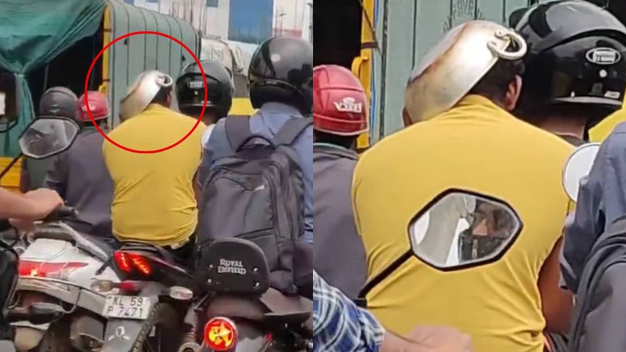 Bengaluru man taking a bike ride with frying pan on head