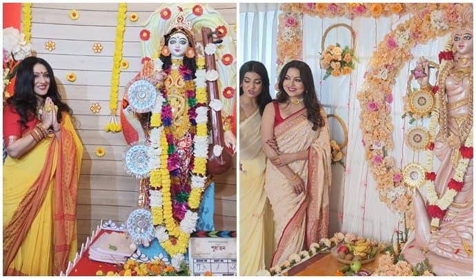 Rituparna Sengupta, Indrani Dutta Celebrate Saraswati Puja In Their House