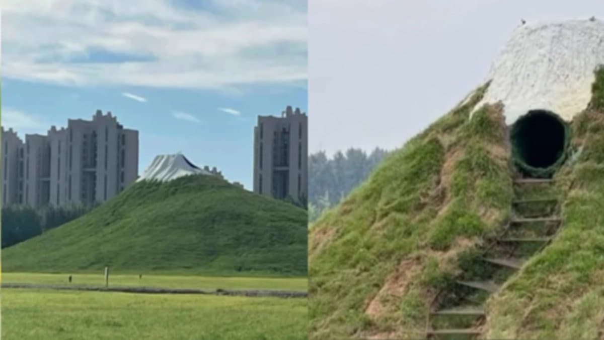 Chinese hill painted white in attempt to mimic Mount Fuji of Japan