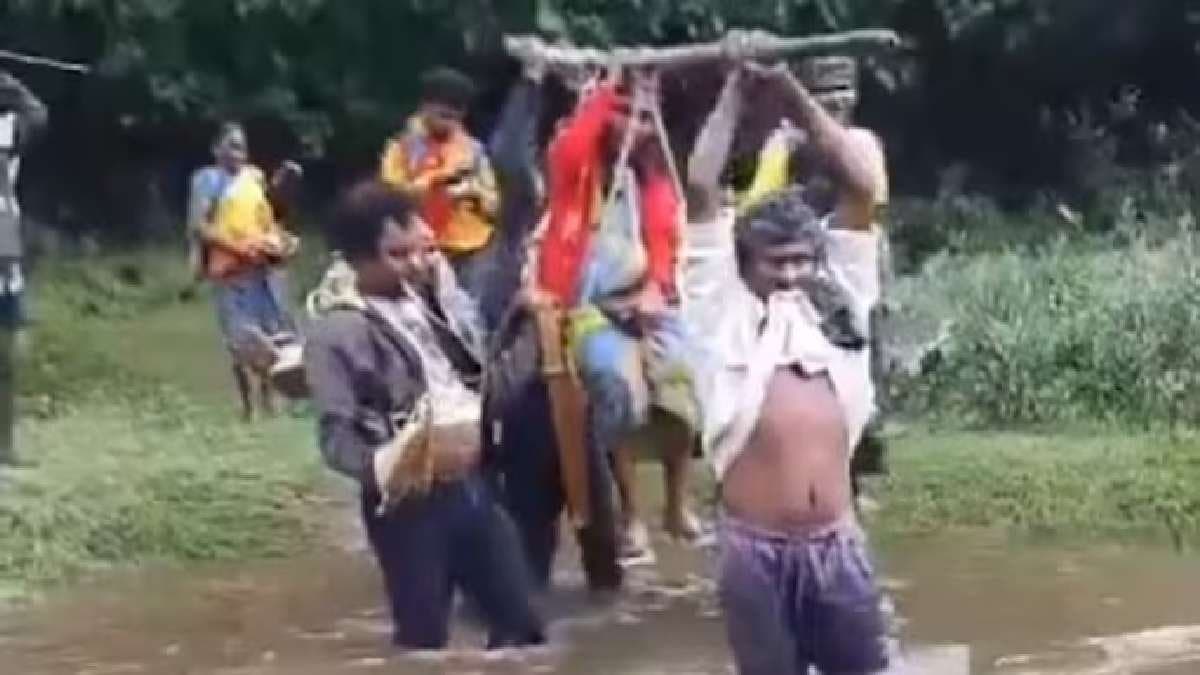 Tribals carry pregnant woman on doli in Visakhapatnam gnr