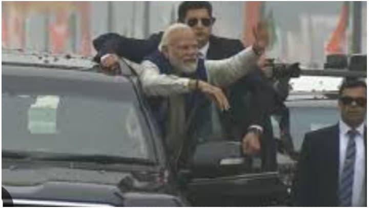 PM Modi Greets People During Roadshow In Ayodhya