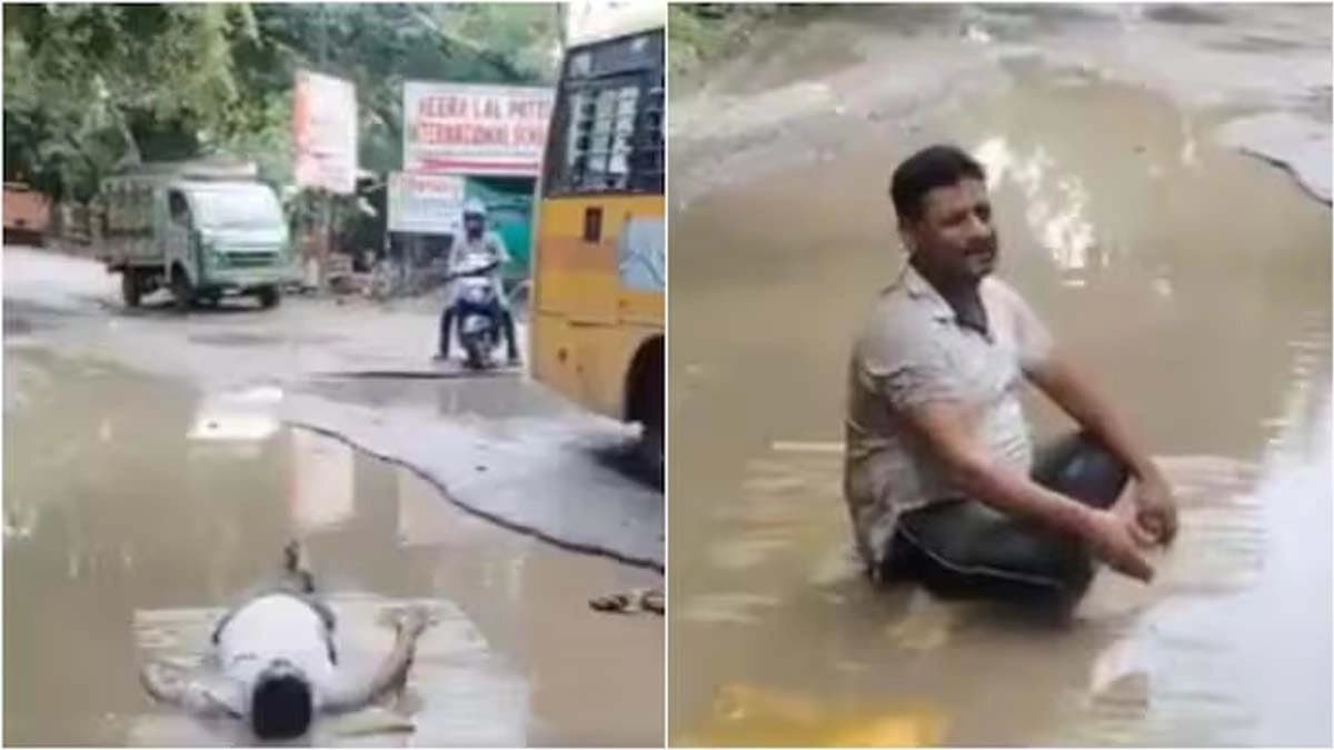 Kanpur man lies in waterlogged pothole in protest after daughter slips watch the viral video