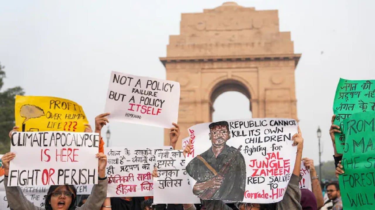 Maoist Madvi Hidma poster as Delhi air pollution protest takes a turn