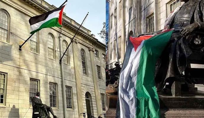 Harvard University protesters raise Palestinian flag