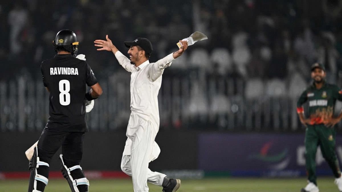 PCB confirmed the arrest and permanent banning of pitch invader who entered into the field and hugged Rachin Ravindra during Champions trophy match between New Zealand and Bangladesh spt 