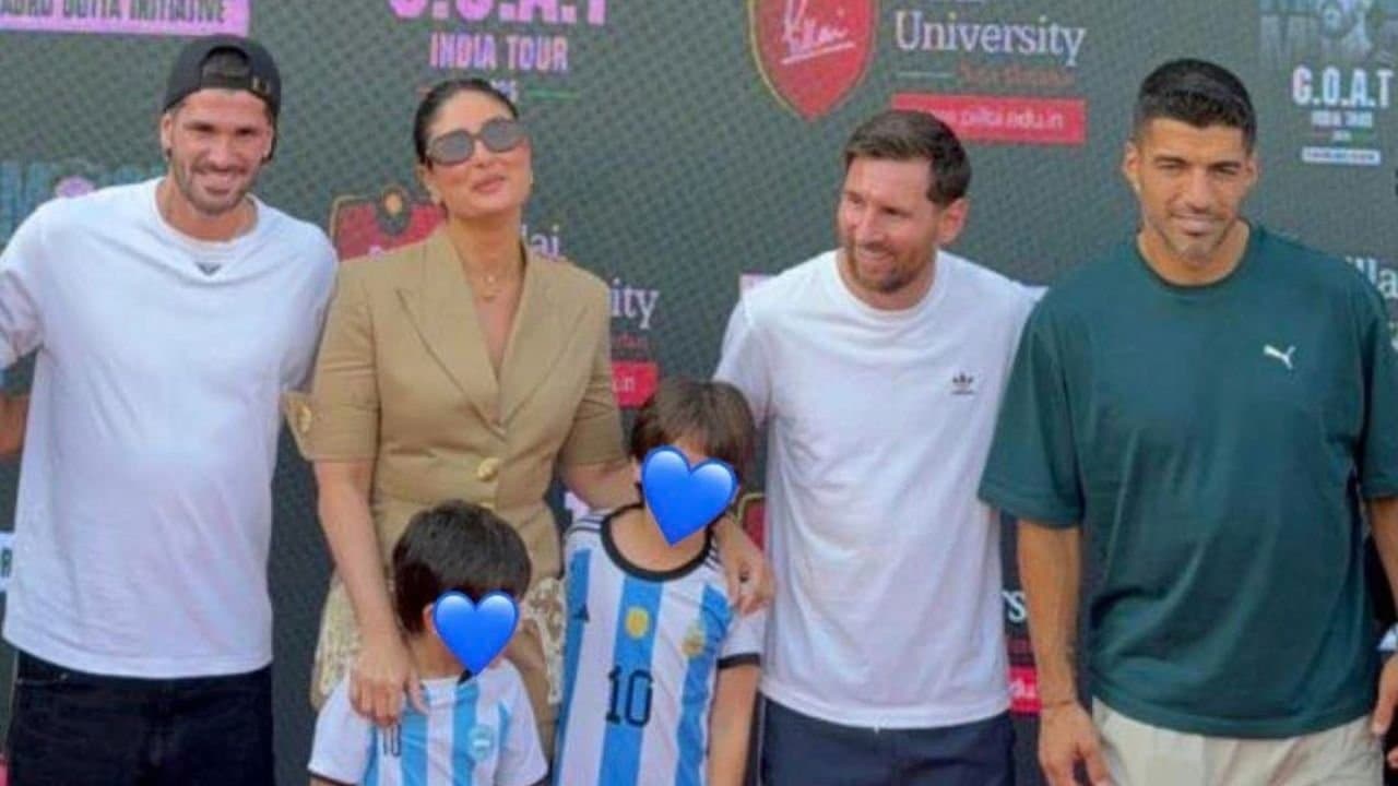 Kareena Kapoor meets Lionel Messi with Jeh and Taimur in the Mumbai Event of The GOAT India Tour 