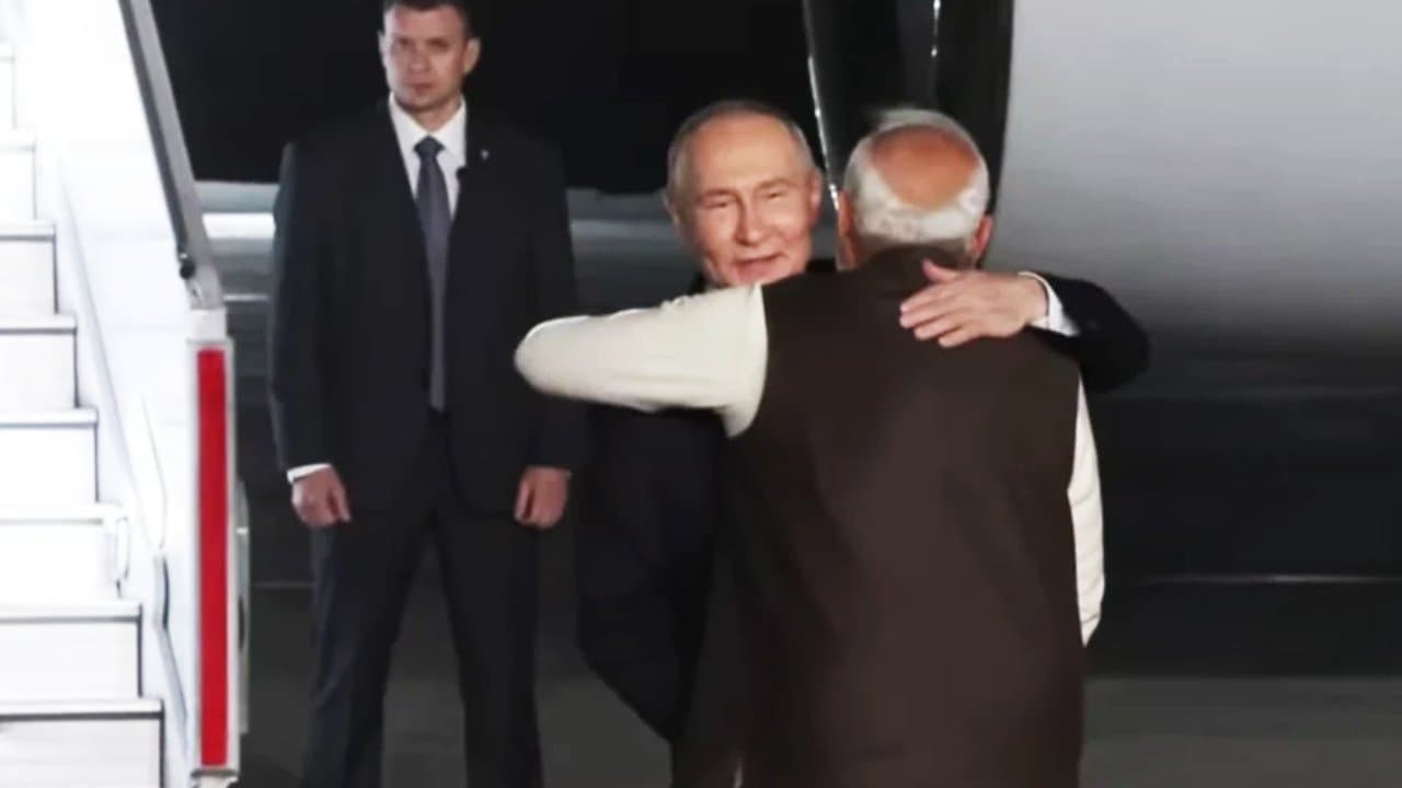 Vladimir Putin lands in Delhi PM Modi Putin Hug Shake Hands