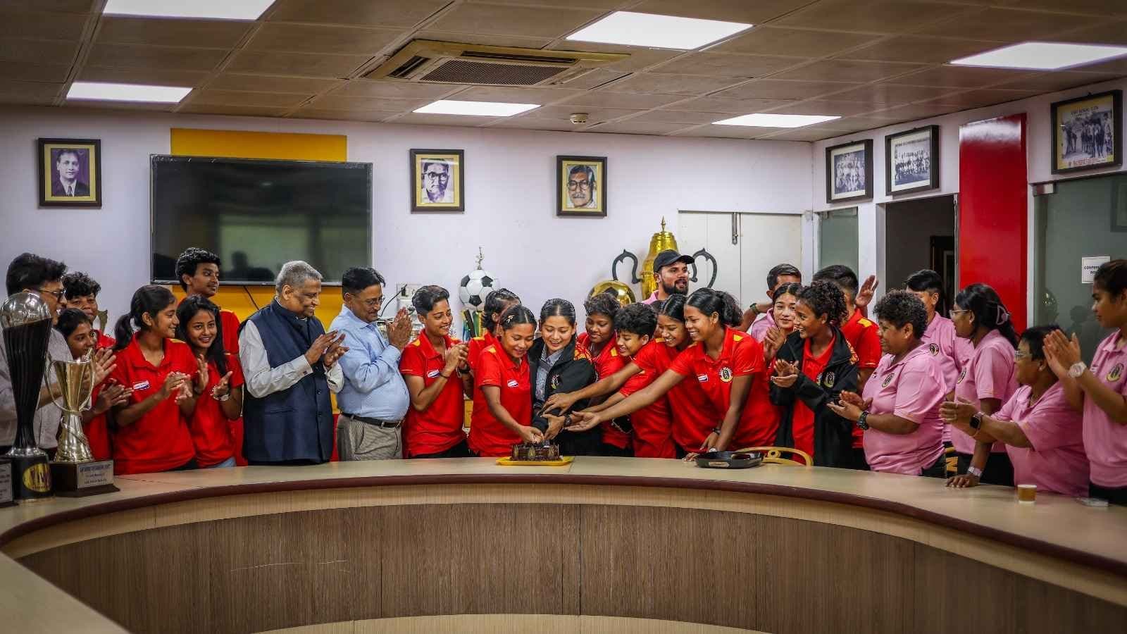 Flag hoisting and cake cutting at East Bengal club to celebrate Kanyashree Cup win 