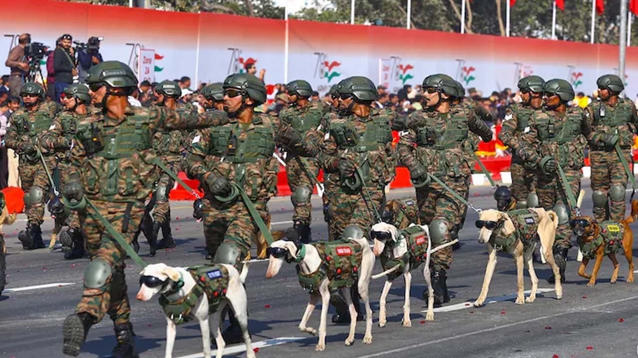 Wearing army uniforms and sunglasses the armys dogs marched in the Republic Day parade rehearsal in Jaipur
