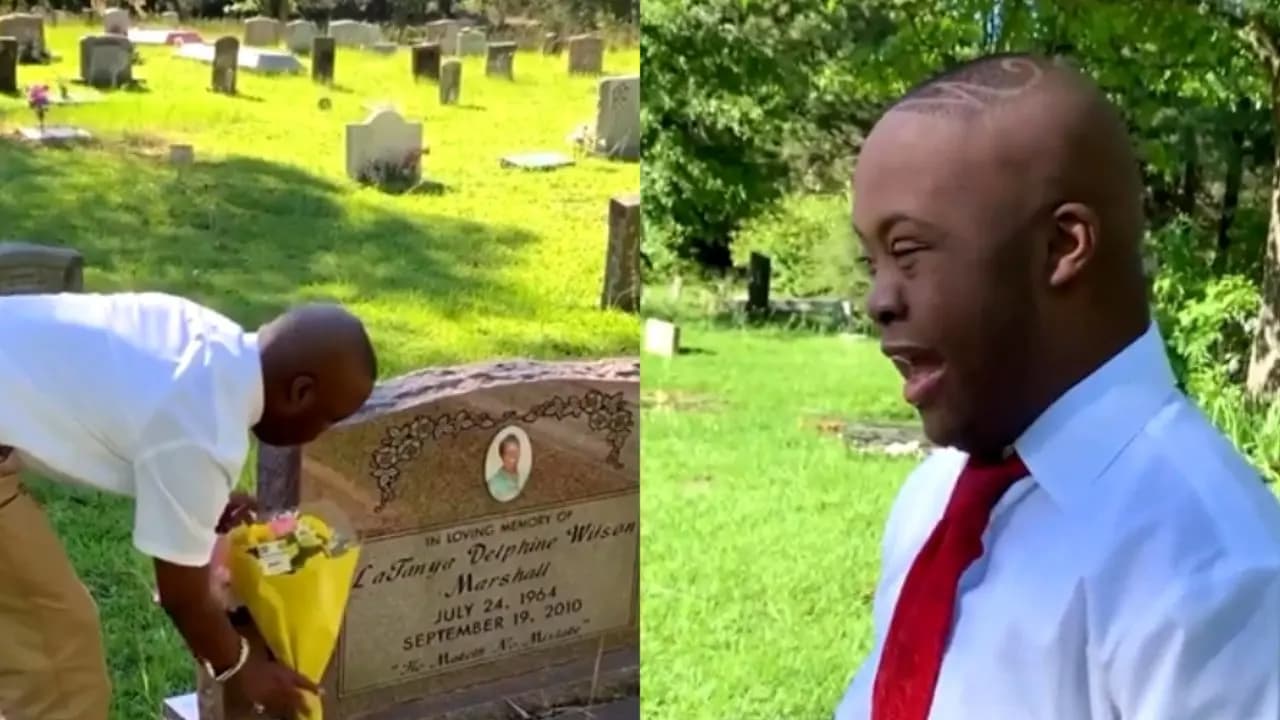 Boy with down syndrome visits mothers grave after graduation