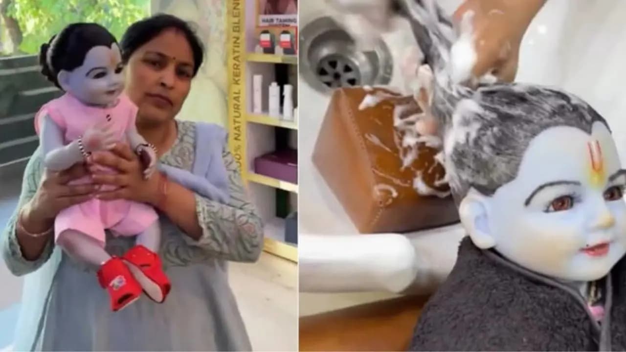 Woman takes lord Krishna's idol to salon for doing hair wash