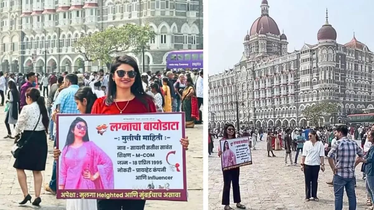 Women In Search Of Groom Stands With Marriage Biodata Near Mumbai’s Taj Hotel gnr