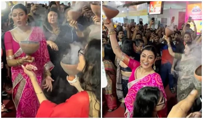 Sushmita Sen Exudes Elegance In Pink Saree, Visits Pandal To Celebrate Durga Puja