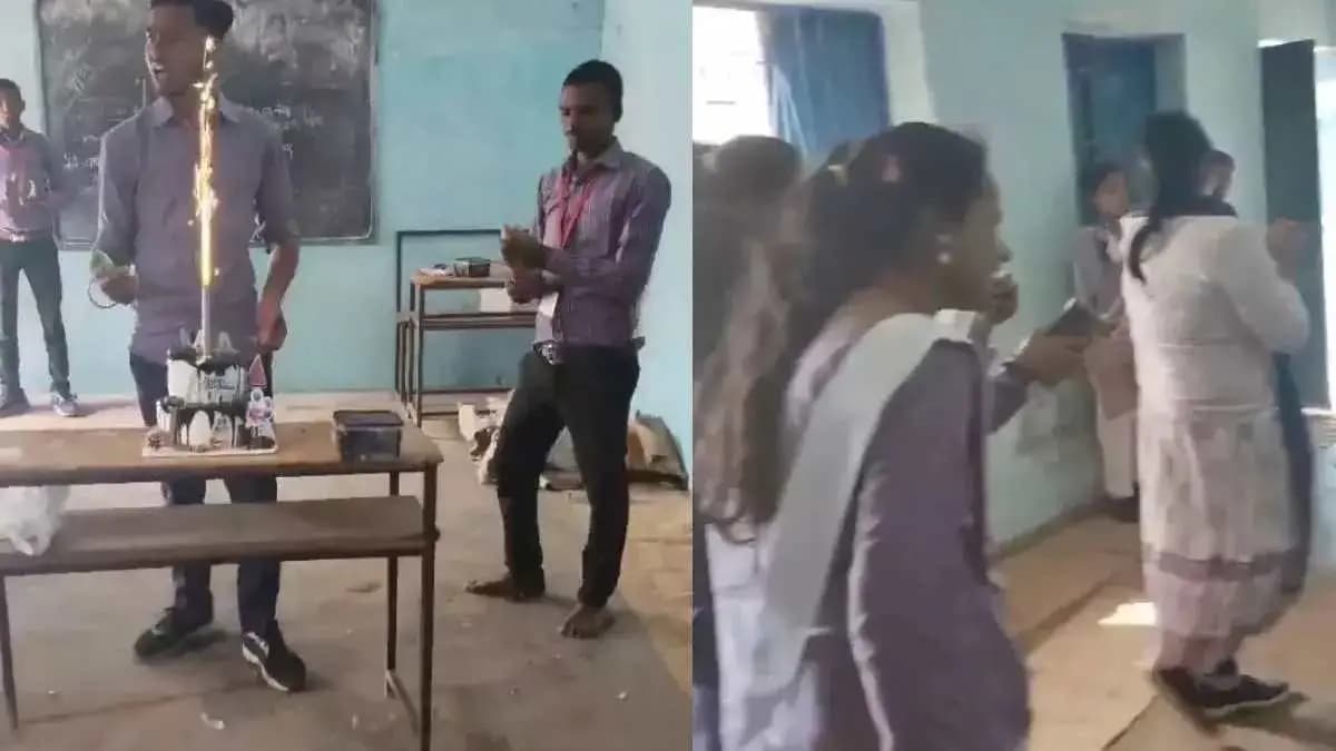 group of students celebrating  birthday with alcohol in the presence of teachers