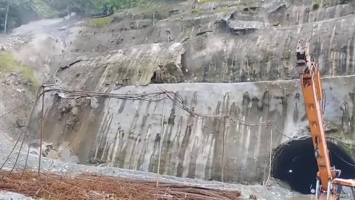 Slope protection of tunnel seven of the Sevoke Rangpo Rail Project has collapsed due to heavy rain