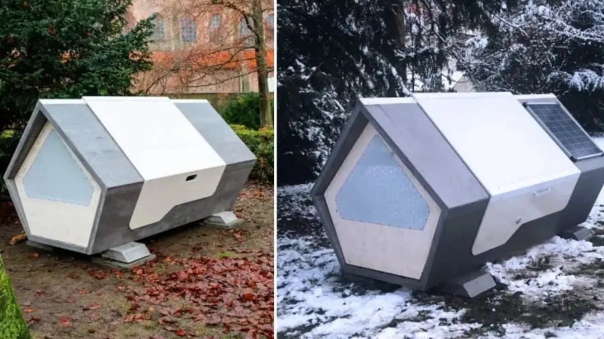 Solar powered sleeping capsules called Ulmer Nests to help homeless individuals survive freezing winter nights in Germany