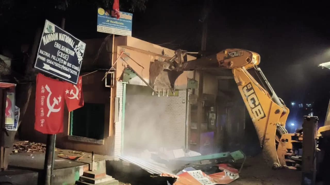 Eviction drive in Pandua at night, multiple houses demolished, leaving many families homeless