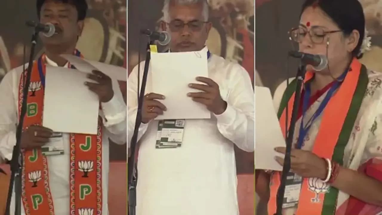 Dilip Ghosh Agnimitra Paul Nisith Pramanik Khudiram Tudu and Ashok Kirtaniya took the oath of office in Suvendu Adhikaris cabinet 
