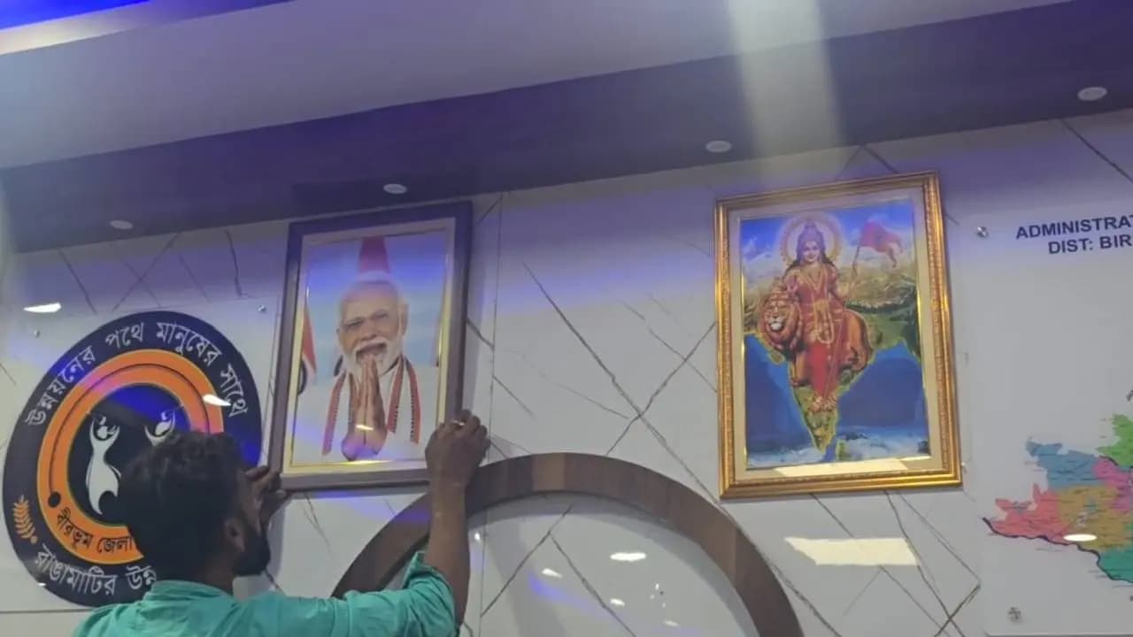 BJP Workers Put PM Narendra Modi, Suvendu Adhikari and Bharatmata Picture on Government Offices in Birbhum 