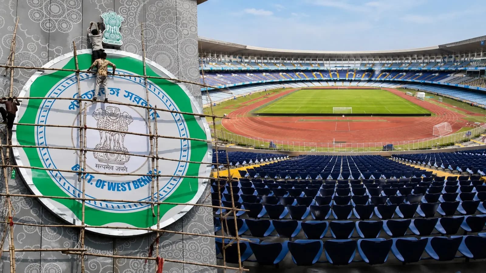Ashoka Pillar installed as part of the revamped façade of Yuva Bharati Stadium ahead of ISL derby 