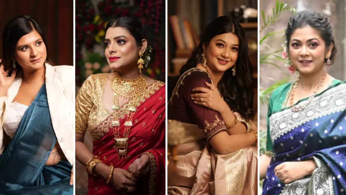 Ditch yellow deck up for Saraswati puja 2025 in different colours like Anamika Chakraborty Payel Dey Geetashri Roy and Rupsha Chatterjee lif