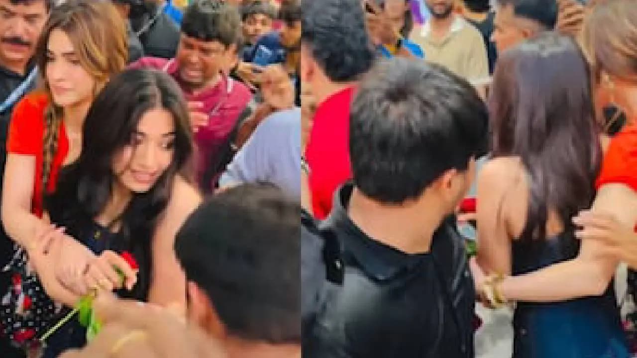 Kriti Sanon protects Rashmika Mandanna from chaotic crowd during Cocktail 2 promotional event in Pune