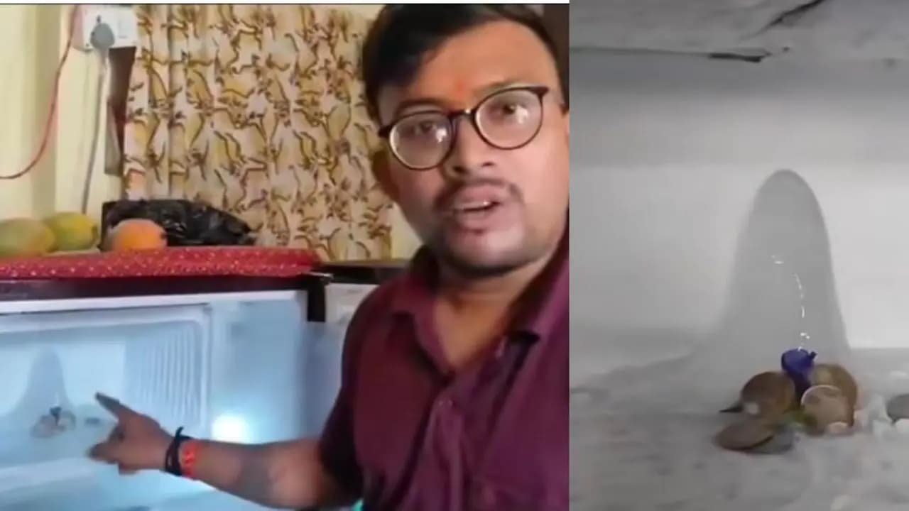 Viral video: an agra resident claim baba barfani of Amarnath has arrived his house an ice shivling can be seen in the fridge