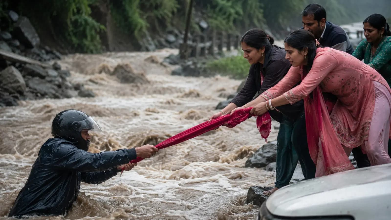 Himachal Flash Flood Newlywed Uses Dupatta to Save Biker Viral Video