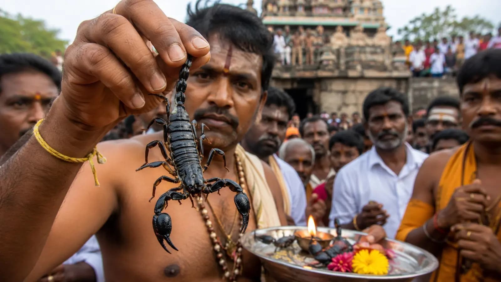 Devotees Offer Live Scorpions with bare hands at Temple During Shravan Rituals