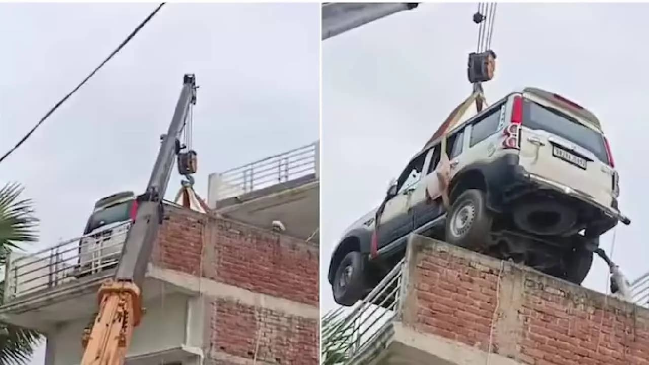 Bihar man lifts new SUV to 2nd-floor rooftop with crane to protect it from theft