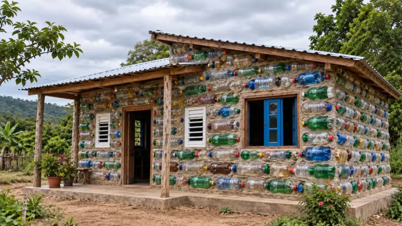 Amazing House Built from Waste Builder Recycled plastic bottles with sand and turned them into Bricks Which is Cheaper Long Lasting