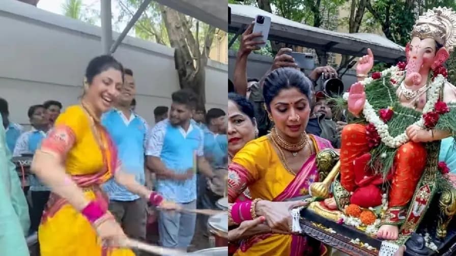 Shilpa Shetty Plays Dhol Like a Pro During Ganpati Visarjan  dances with paparazzi