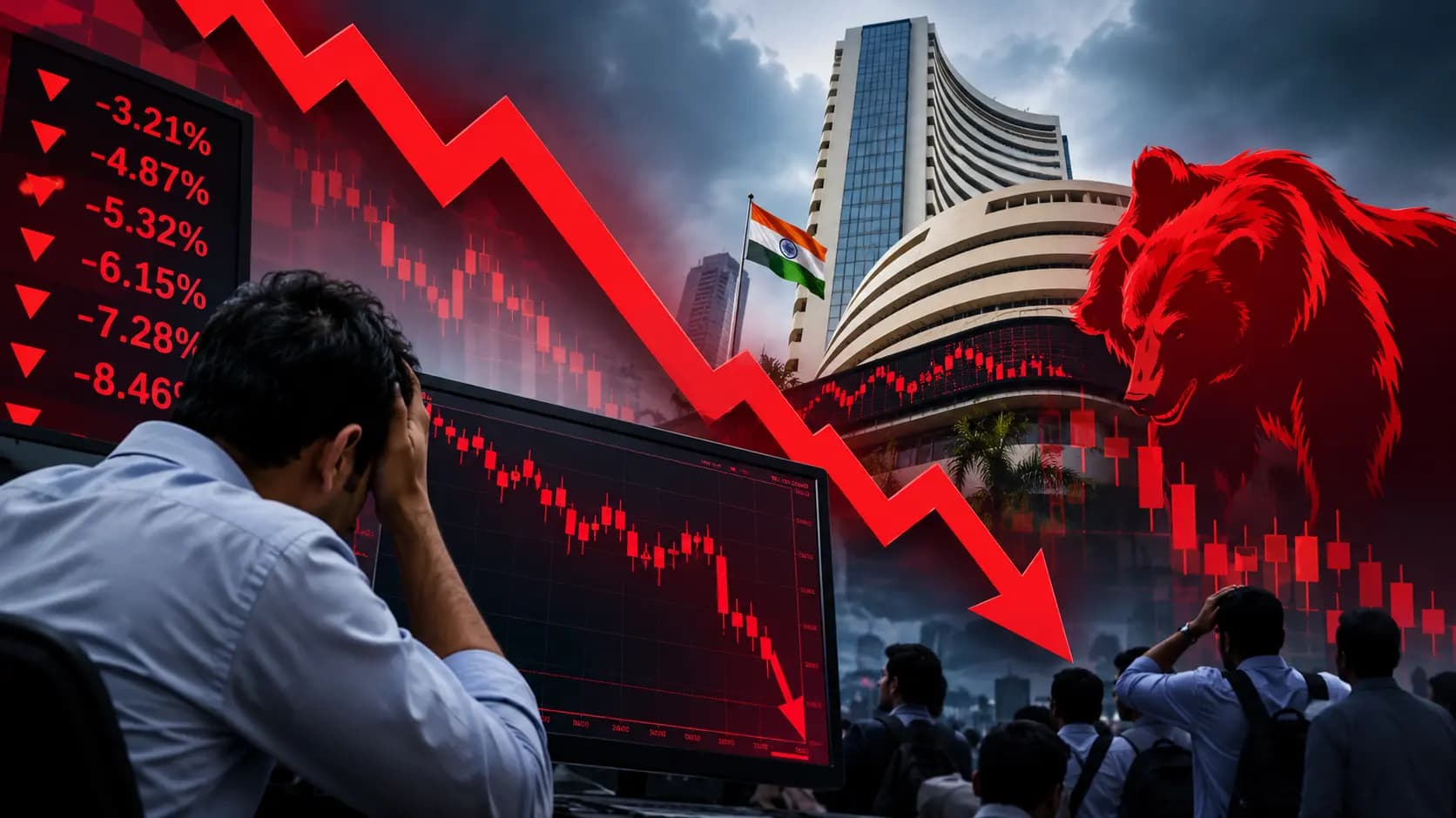 Indian Stock Market Crash: Sensex Plunges Over 1100 Points, Nifty Falls Below 23100