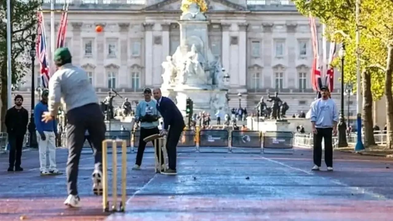 Prince William plays cricket with Sourav Ganguly, Brian Lara and James Anderson outside Buckingham Palace