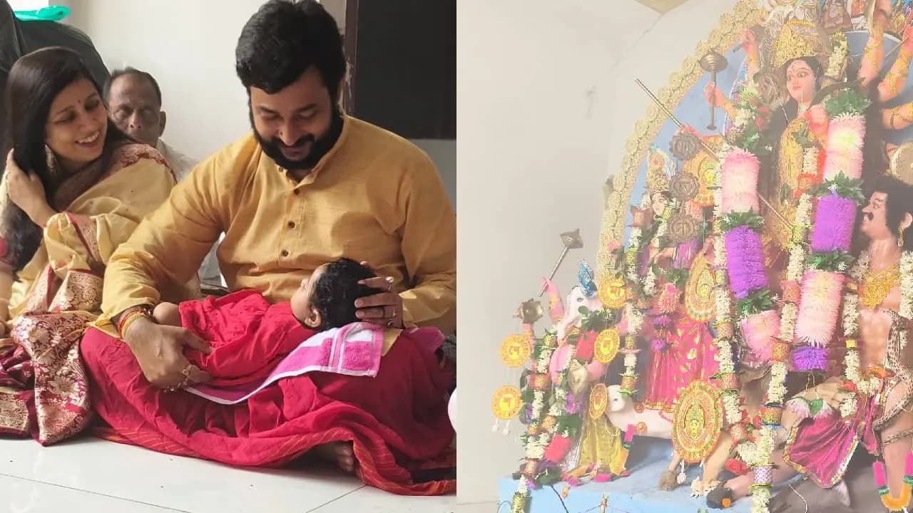 BJP MLA Soumen Karfa Celebrating Durga Puja With Daughter, Family Members At Purba Bardhaman