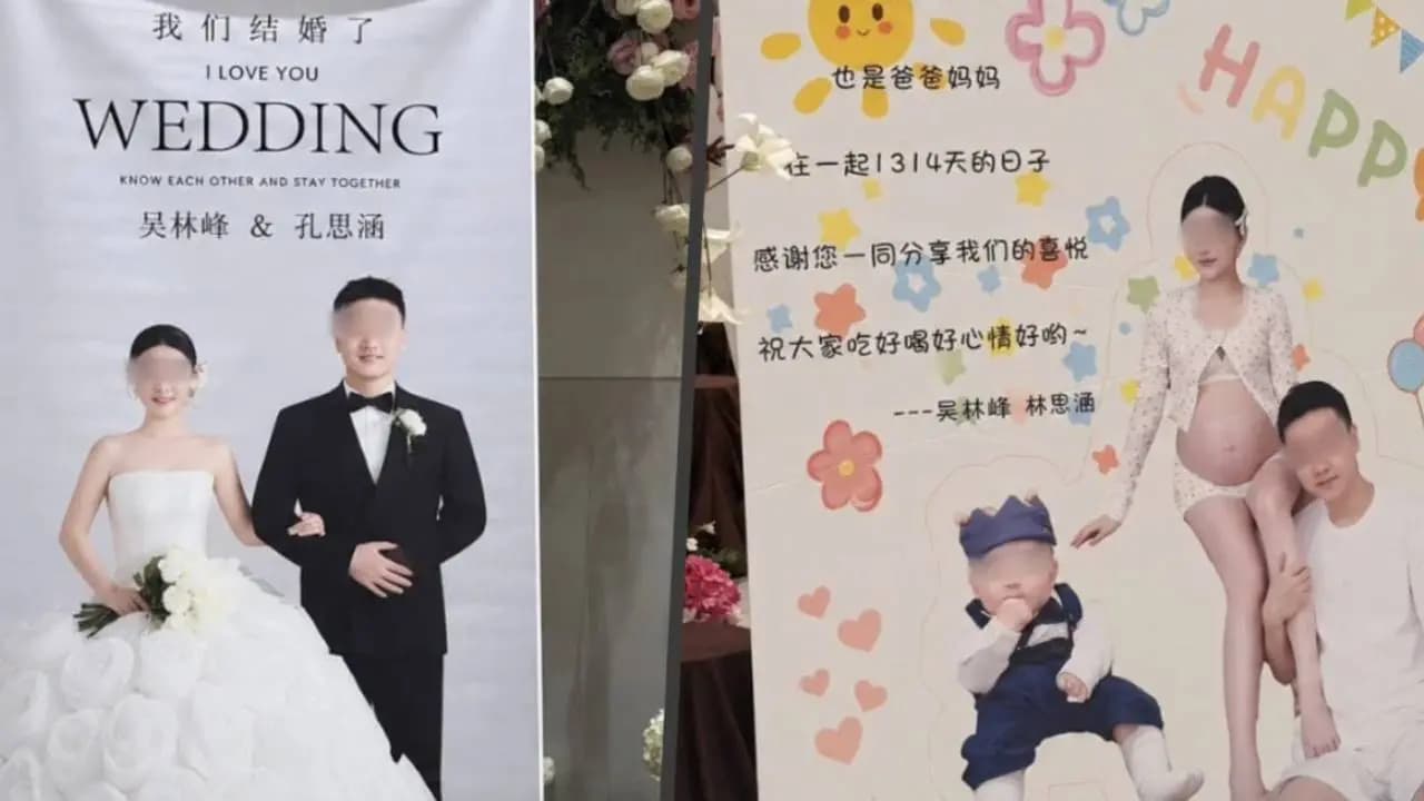 A second wife on the wedding stage with the child from the first marriage by her side in China