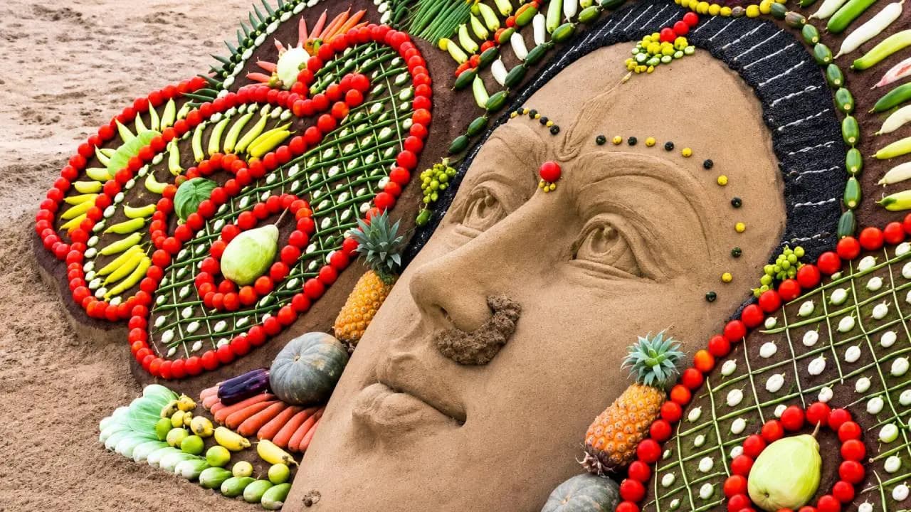 Sudarsan Pattnaik created an image of Goddess Durga on the beach in Puri using 32 varieties of fruits and vegetables