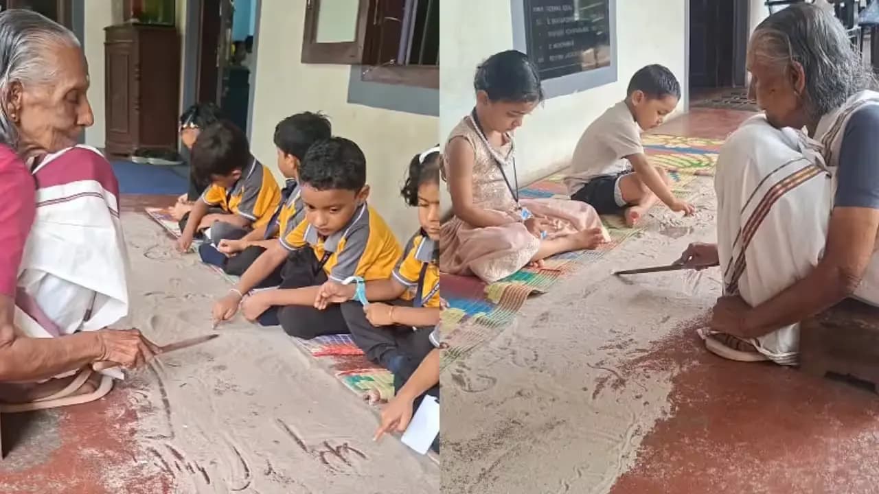 Viral Sand Study: Kerala’s ‘Ashatti Ammumma’ Teaches Young Children with sand instead of Notebooks and pens