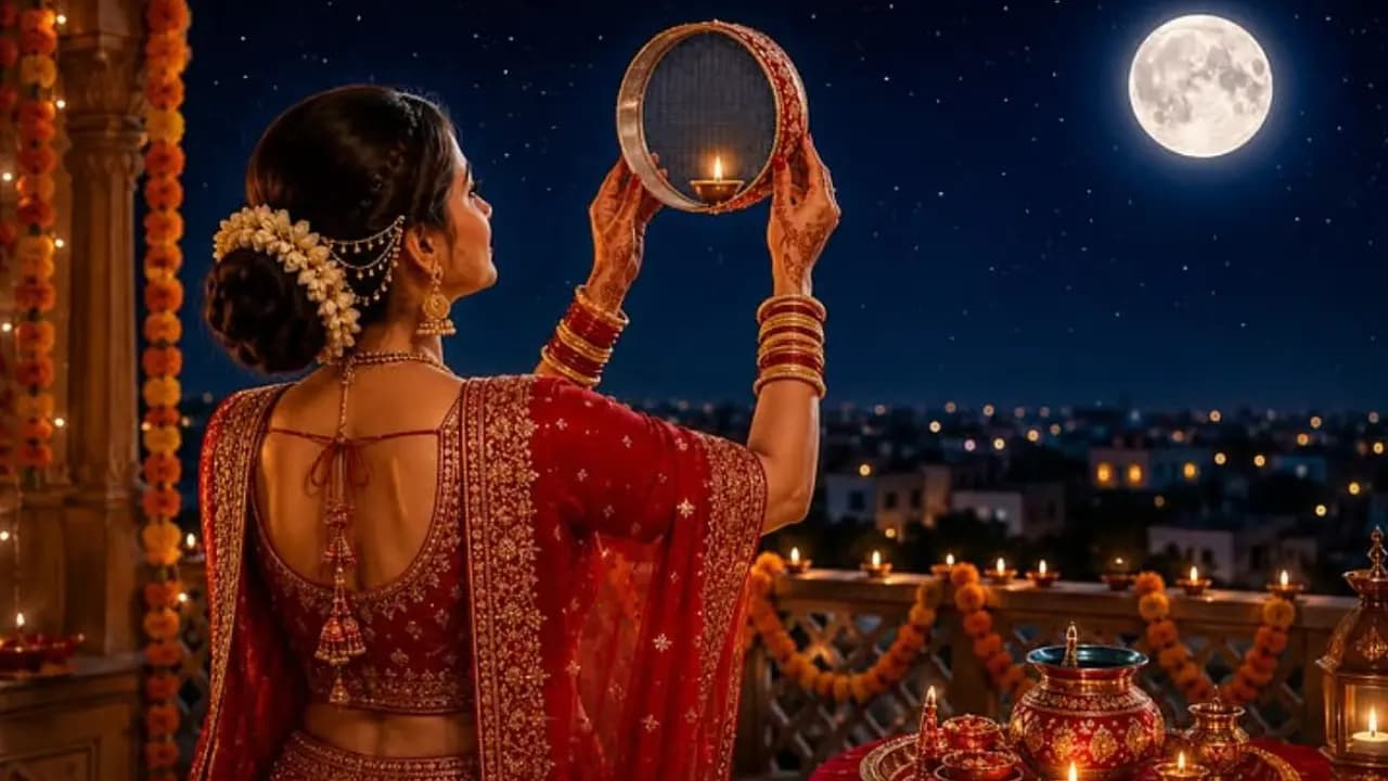 Why is the husband’s face viewed through a sieve after sighting the moon on Karwa Chauth?